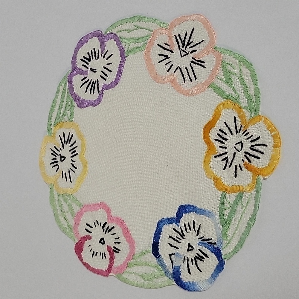 Vintage Hand-Embroidered Pansy Doily 9.25"
